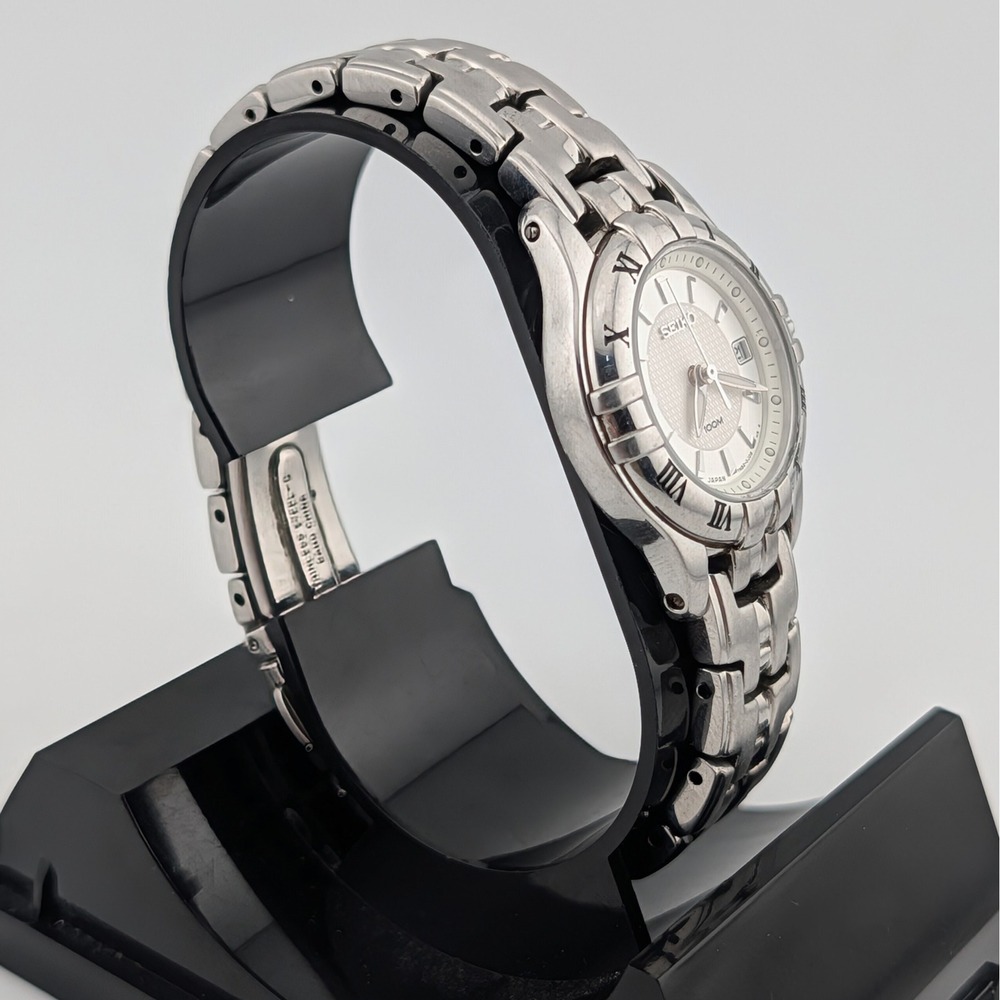 Title: Seiko 7N82-0DP0 100M Silver Textured Dial Date Watch Stainless Lume - Picture 6 of 10